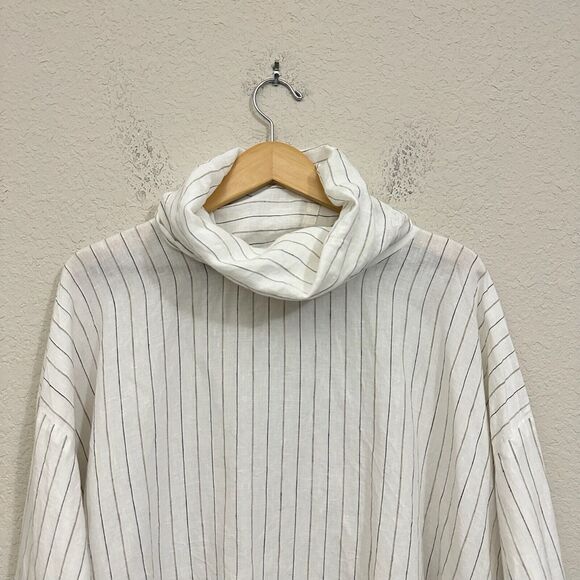 NWOT ESKANDAR White Linen Monk Cowl Neck Top Lagenlook in Stripe Sz 1 (10-12) - Picture 2 of 14